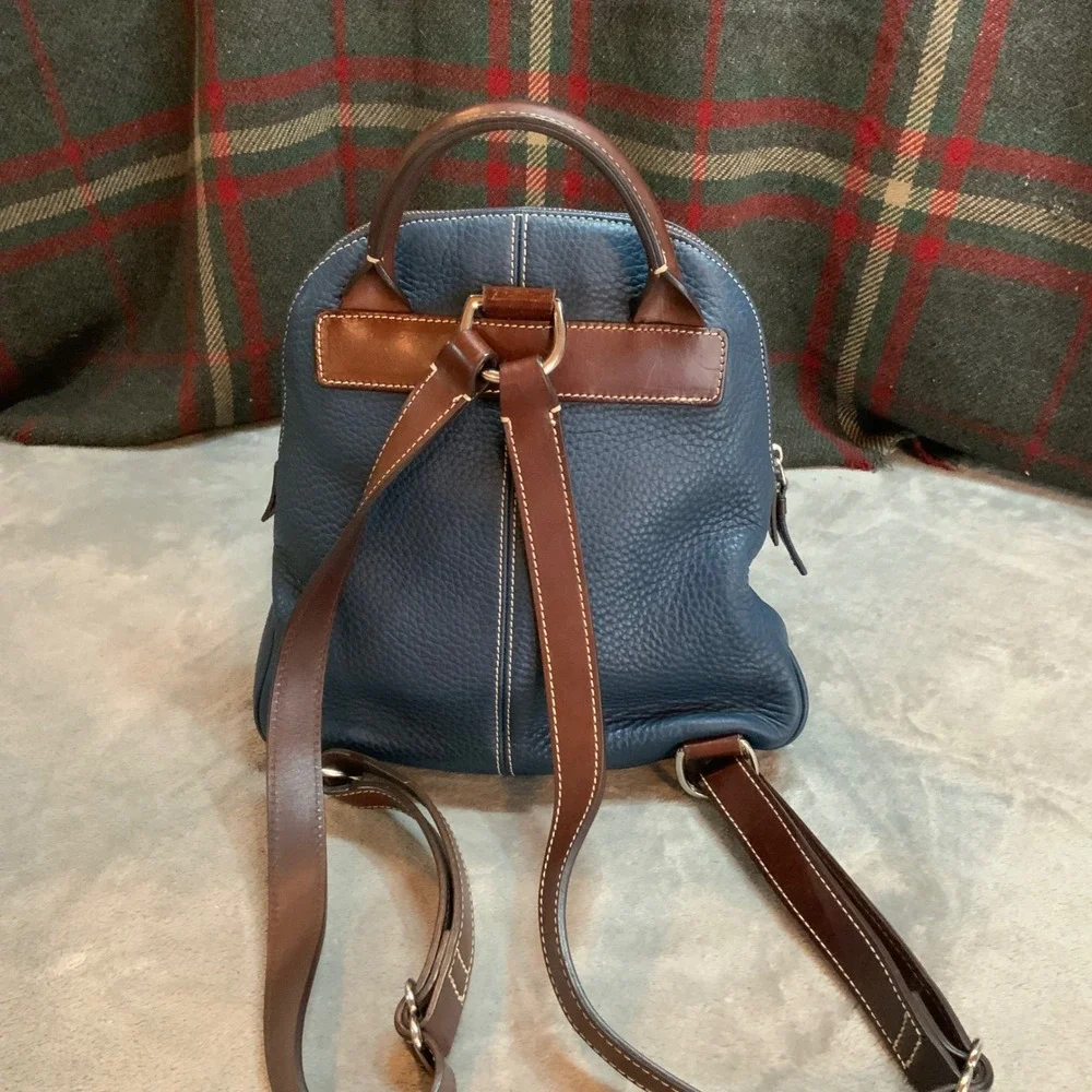 Dooney & Bourke Pebbled Leather Backpack Slate Blue Brown Trim Dome Bag